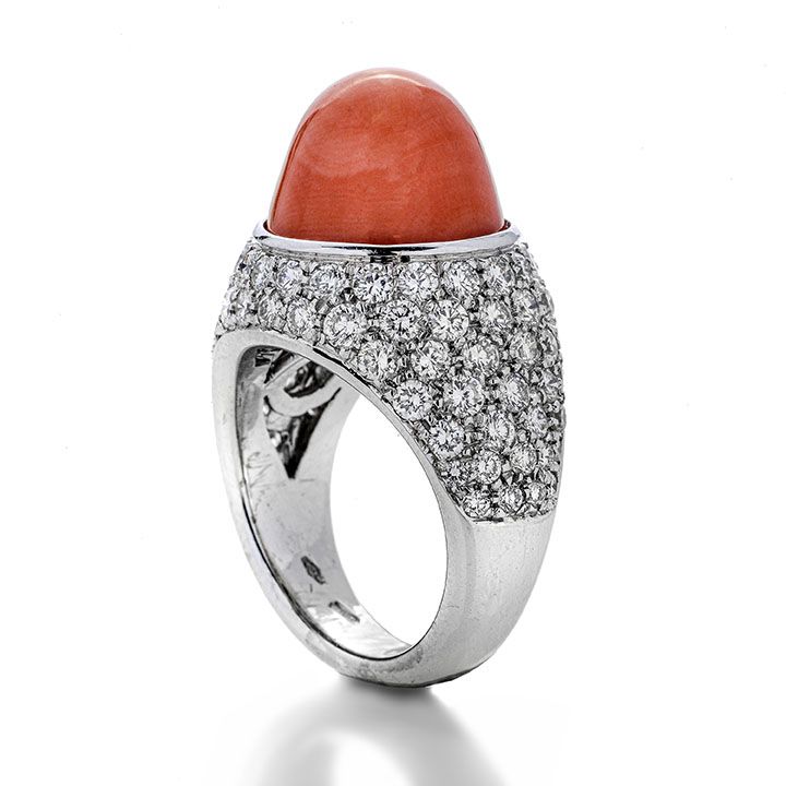 Anello in Oro Bianco, Diamanti e Corallo Rosa Chantecler