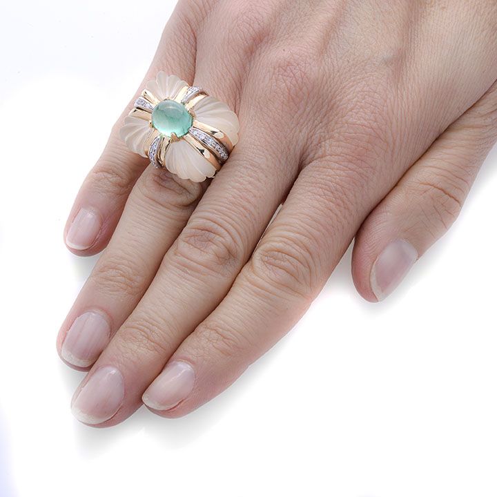 Anello in Oro Giallo, Cristallo di Rocca, Diamanti e Smeraldo