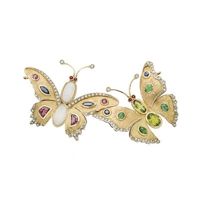 Grande Pendente Farfalle in Oro Giallo, Oro Bianco, Zaffiri, Smeraldi, Quarzi, Opale e Diamanti