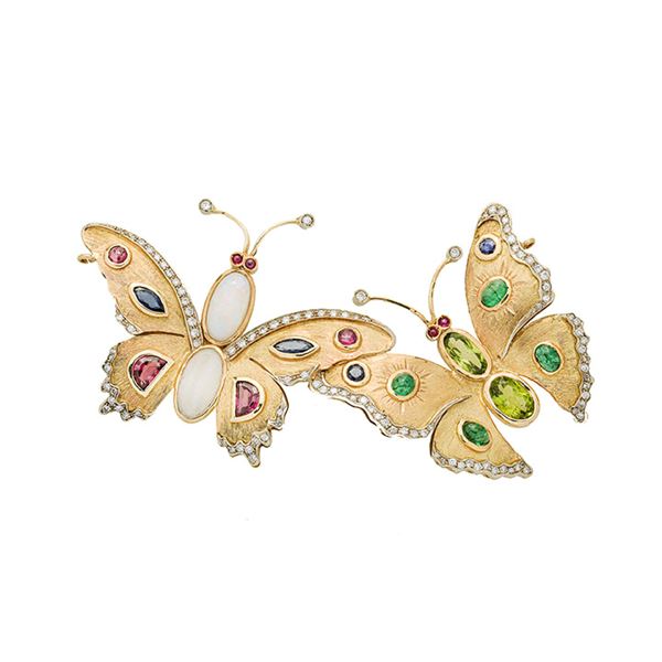 OROPA DI VALERIO PASSERINI - Large Butterflies brooch, in yelow gold, white gold, shappires, emeralds, quartz, opal and diamonds