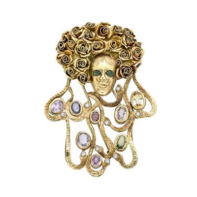 Grande Clips in Oro Giallo, Smeraldi, Quarzi e Diamanti