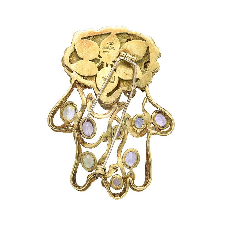 Oropa di Valerio Passerini - Grande Clips in Oro Giallo, Smeraldi, Quarzi e Diamanti