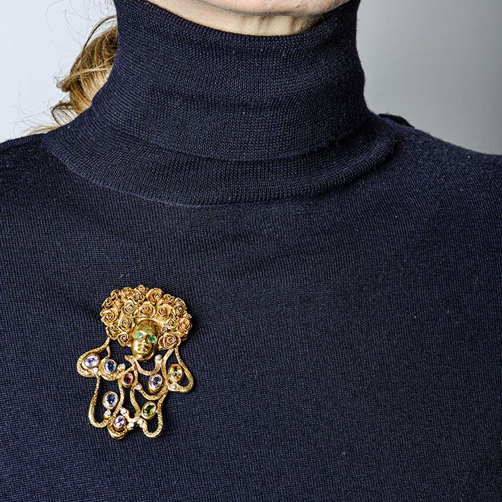 Oropa di Valerio Passerini - Grande Clips in Oro Giallo, Smeraldi, Quarzi e Diamanti