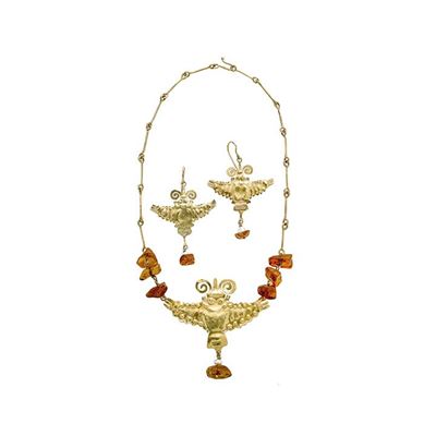Parure Uccelli in Oro Giallo, Perle e Ambra