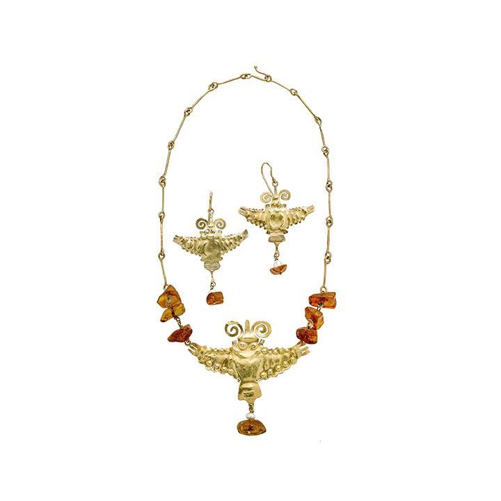 Oropa di Valerio Passerini - Parure Uccelli in Oro Giallo, Perle e Ambra
