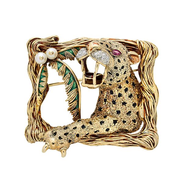 Grande spilla Leopardo in oro giallo, diamanti, perle, rubini e smalti colorati Frascarolo