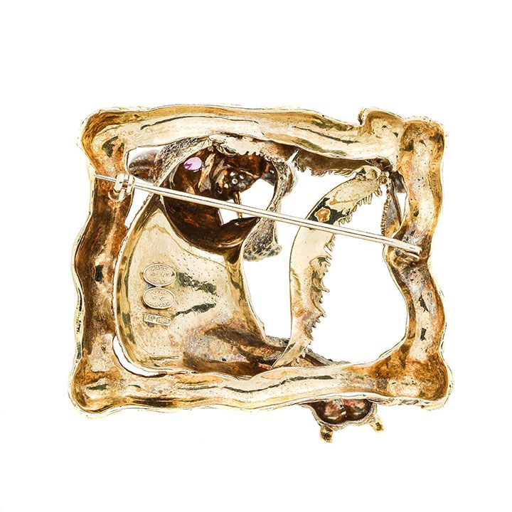 Grande spilla Leopardo in oro giallo, diamanti, perle, rubini e smalti colorati Frascarolo