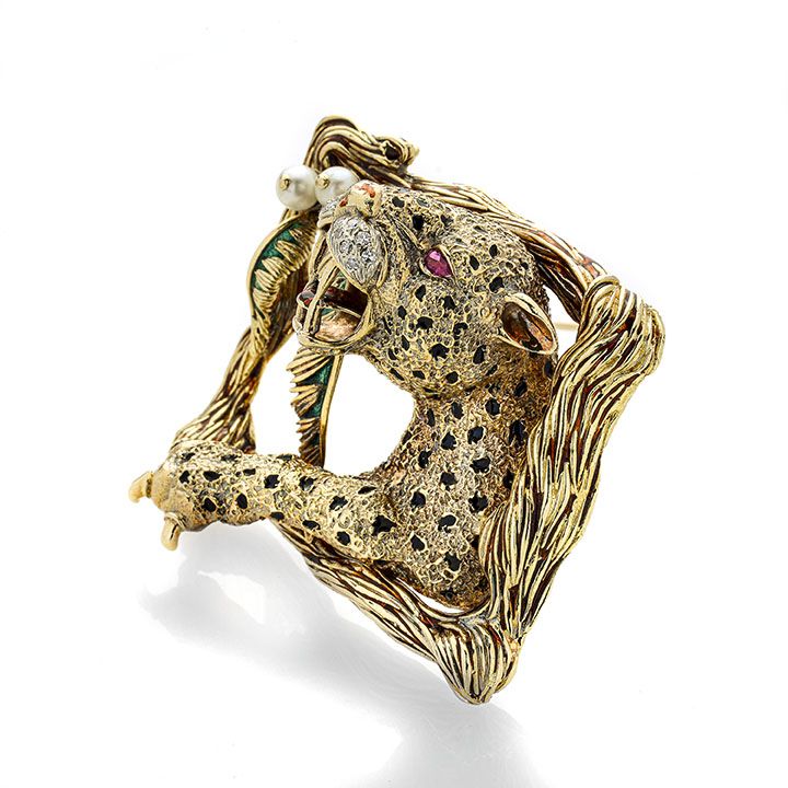 Grande spilla Leopardo in oro giallo, diamanti, perle, rubini e smalti colorati Frascarolo