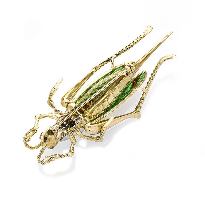 Spilla cavalletta in oro giallo, smalti colorati e diamanti
