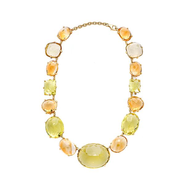 Necklace in yellow gold and big colored quartz