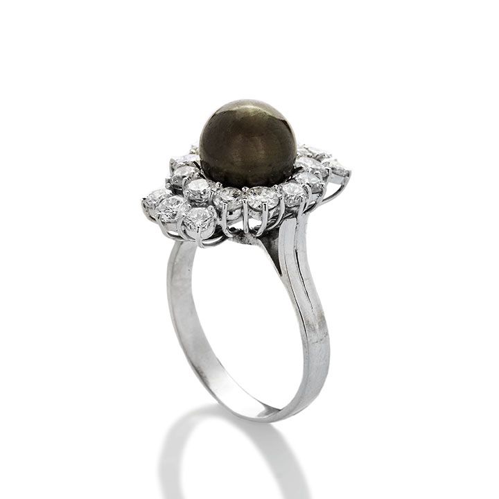 Anello in Oro Bianco, Diamanti e Perla Brown