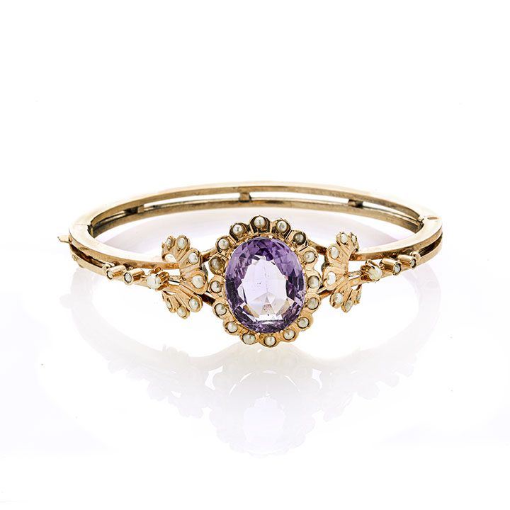 Bracciale rigido in oro a basso titolo, microperle e ametista