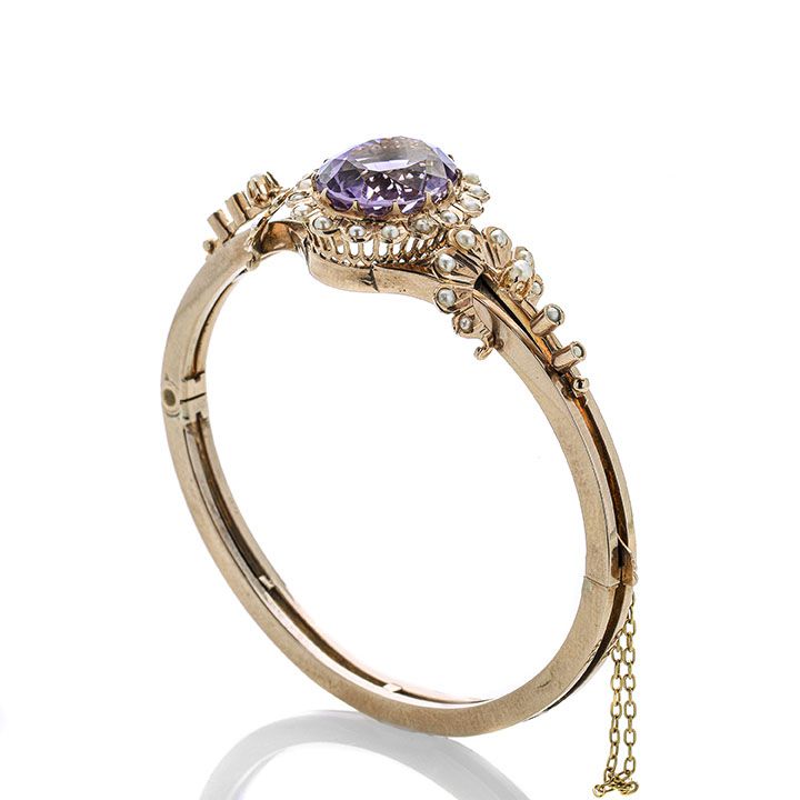 Bracciale rigido in oro a basso titolo, microperle e ametista