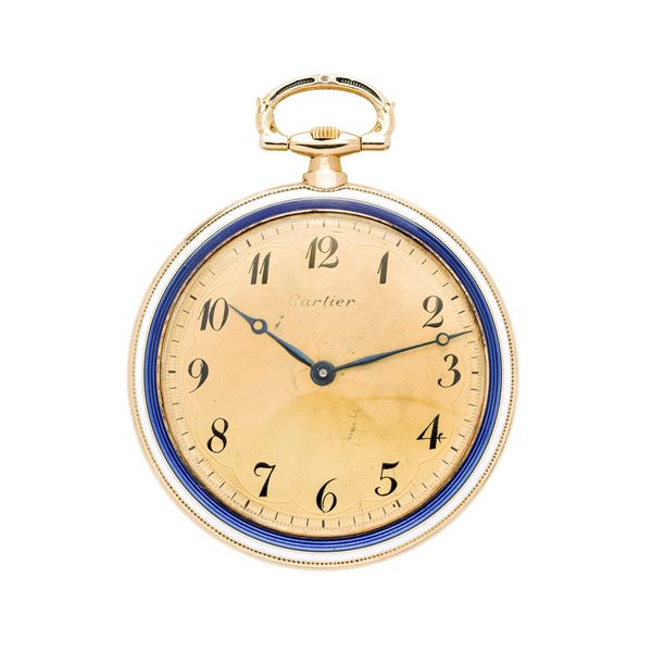 CARTIER - Pocket watch in yellow gold, white and blu enemals Cartier