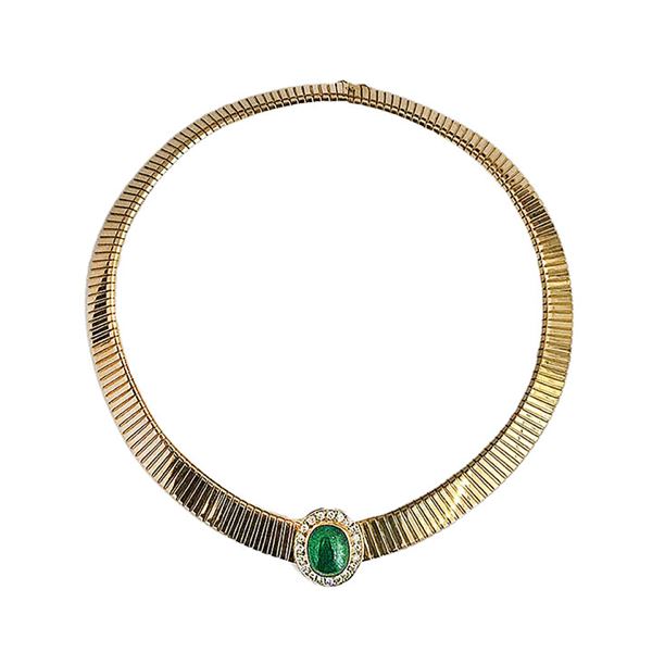 Tubogas necklace in yellow gold, white gold, diamonds and emerald