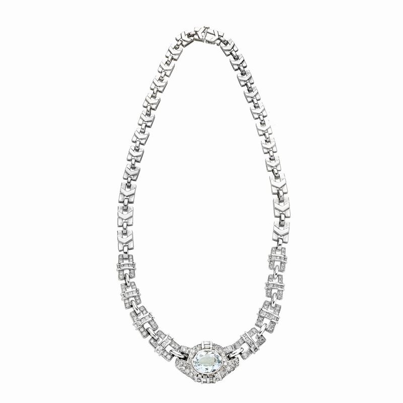 Girocollo in oro bianco 14 kt, diamanti e topazio azzurro