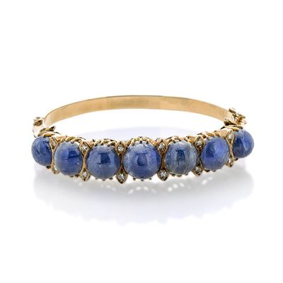 Grande Bracciale Rigido in Oro Giallo, Diamanti e Radice di Zaffiro