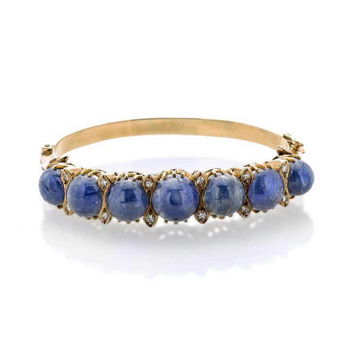Grande Bracciale Rigido in Oro Giallo, Diamanti e Radice di Zaffiro