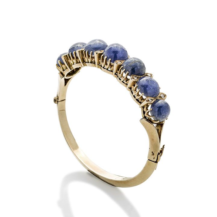 Grande Bracciale Rigido in Oro Giallo, Diamanti e Radice di Zaffiro