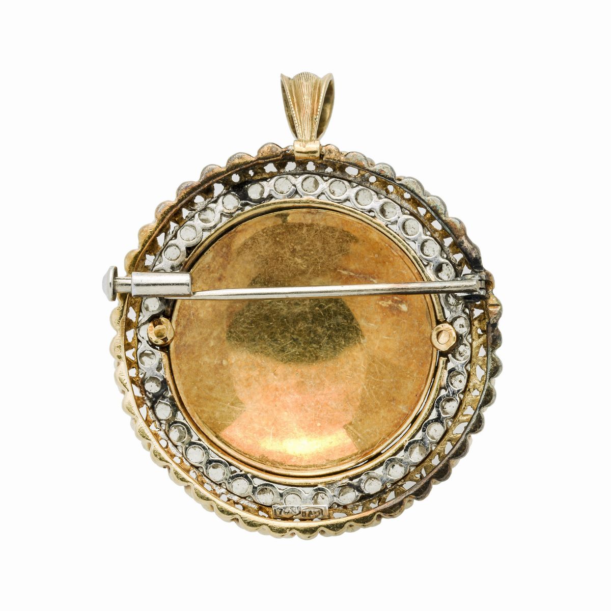 Spilla pendente in oro giallo, oro bianco, diamanti e miniatura dipinta