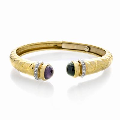 Bracciale Rigido in Oro Giallo, Oro Bianco, Diamanti e Quarzi Colorati