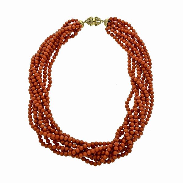 Collana torchon in corallo rosso, oro giallo e diamanti  - Asta Asta di Gioielli Antichi, Moderni e Orologi - Curio - Casa d'aste in Firenze