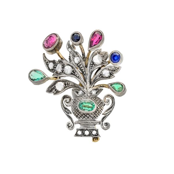 Basket brooch in yellow gold, silver, diamonds, emeralds, rubies and shappires