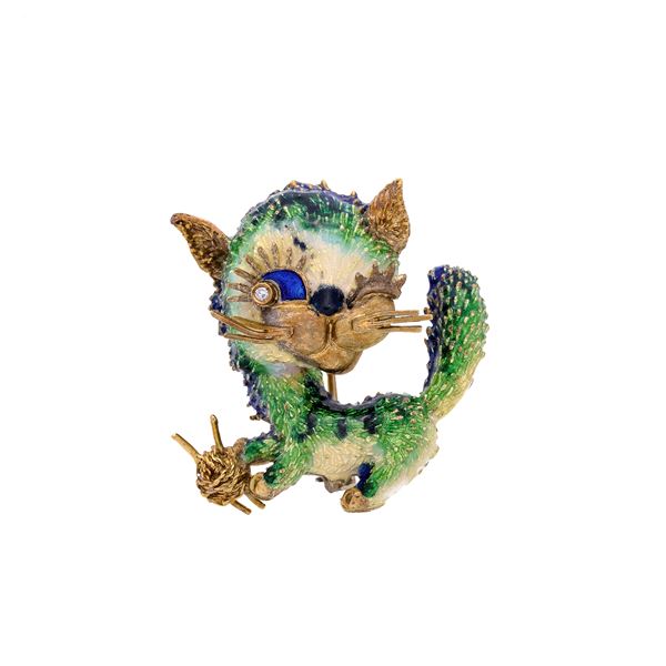 Cat brooch in yellow gold, colored enamels and diamond