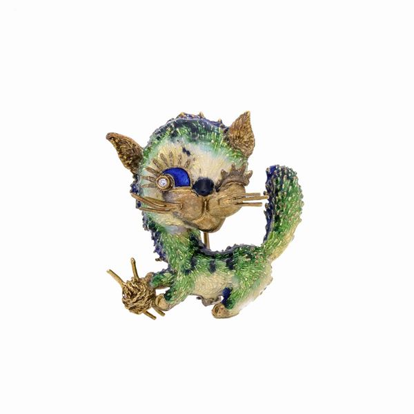 Spilla Gatto in oro giallo, smalti colorati e diamante
