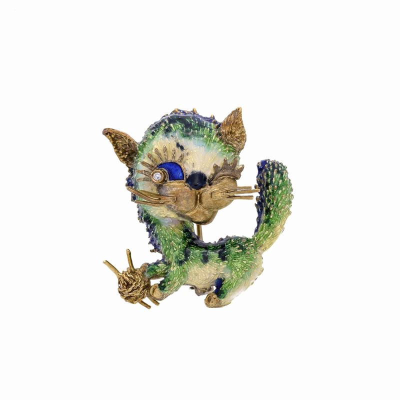 Spilla Gatto in oro giallo, smalti colorati e diamante