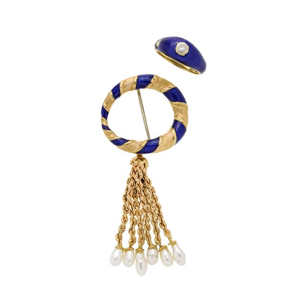 Brooch and ring in yellow gold, blue enamel, diamond and freshwater pearls  (Sixties)  - Auction Auction of Antique Jewelry, Modern and Watches - Curio - Casa d'aste in Firenze