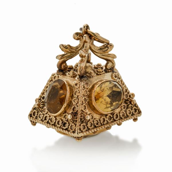 Grande pendente in oro giallo e pietre semipreziose