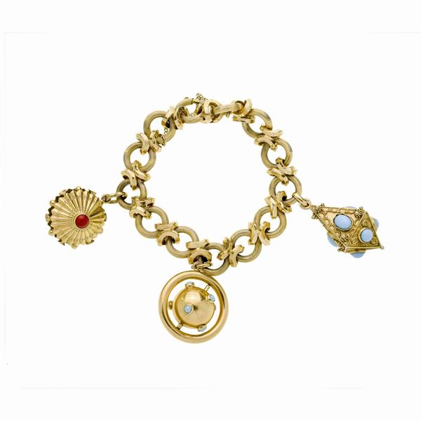 Bracciale in oro giallo, corallo e turchese
