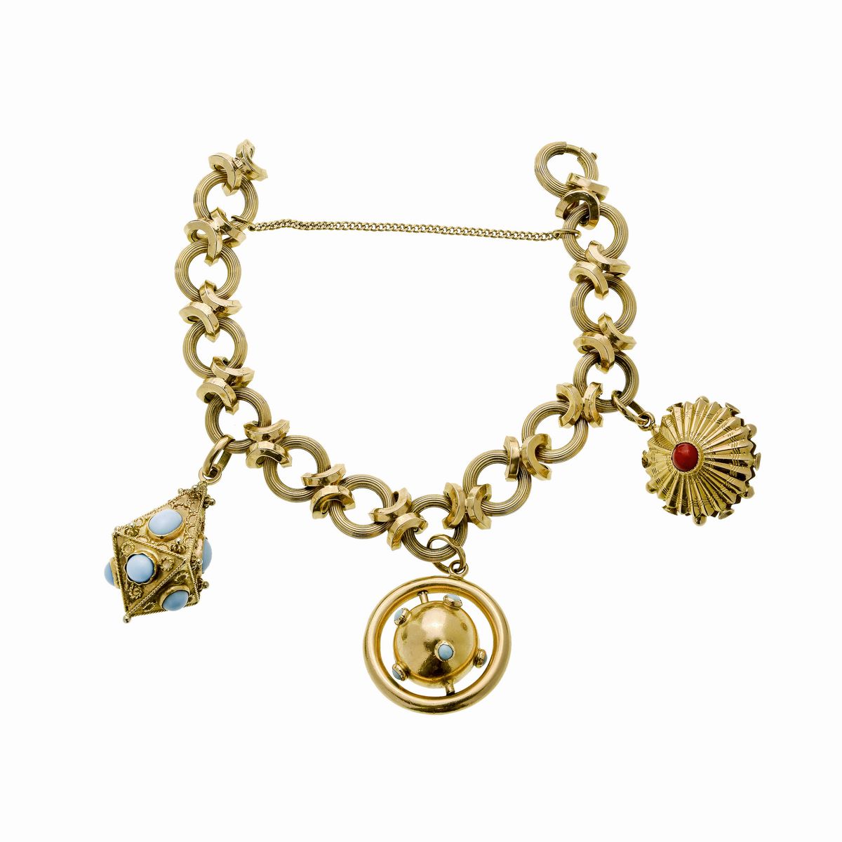 Bracciale in oro giallo, corallo e turchese