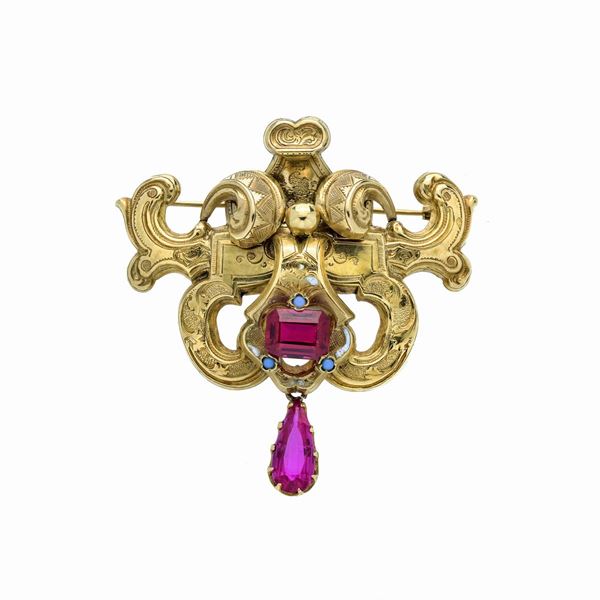 Brooch in low title gold and synthetic rubies
