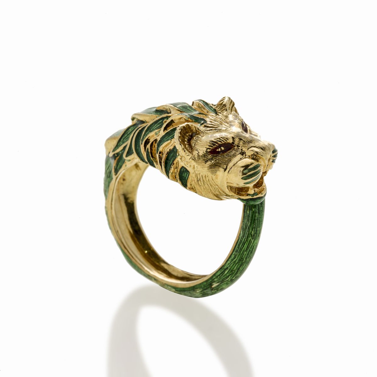 Anello Leone in oro giallo e smalti colorati