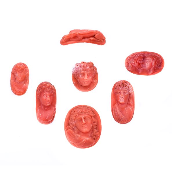 Collection of seven red coral cameos