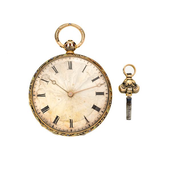 Pocket watch in low title gold and colored enamel