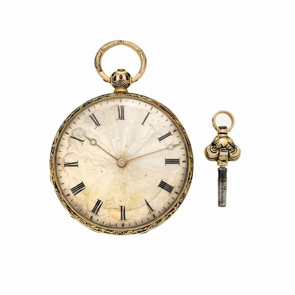 Pocket watch in low title gold and colored enamel