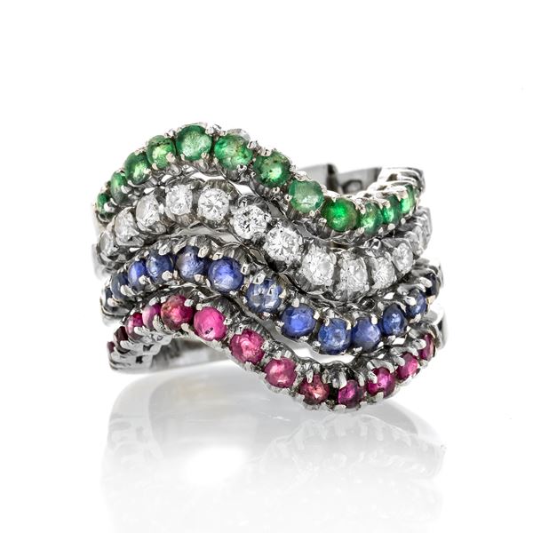 Indian wedding ring in white gold, emeralds, diamomds, shappires and rubies