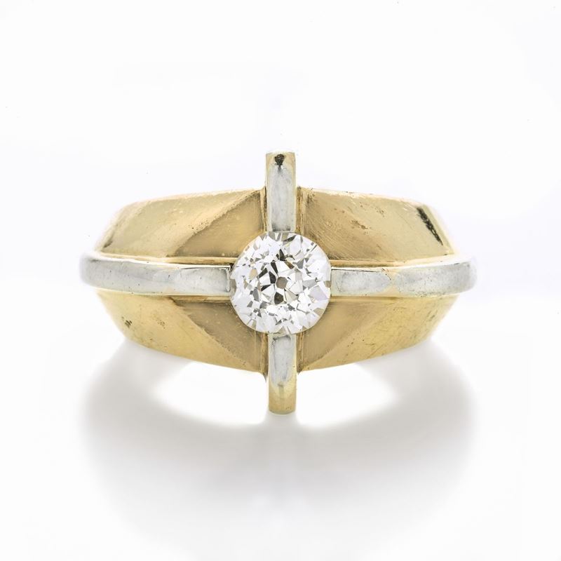 Anello da uomo in oro giallo, oro bianco e diamante