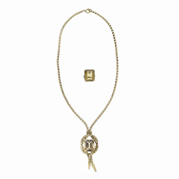 Lot: necklace and ring in yellow gold and smoky quartz