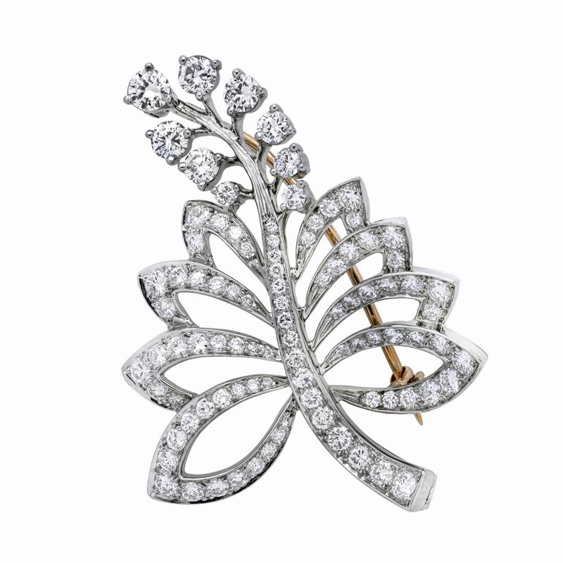Spilla Foglia in palladio, oro giallo 14kt e diamanti Tiffany&Co