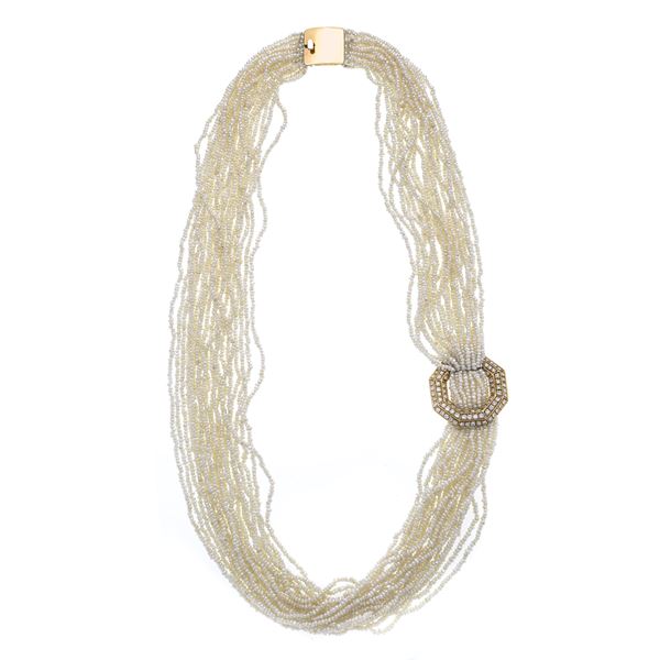 Millefili necklace in micro-pearls, yellow gold and diamonds