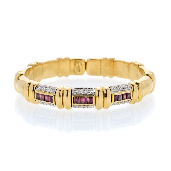 Rigid bracelet in yellow gold, white gold, diamonds and rubies