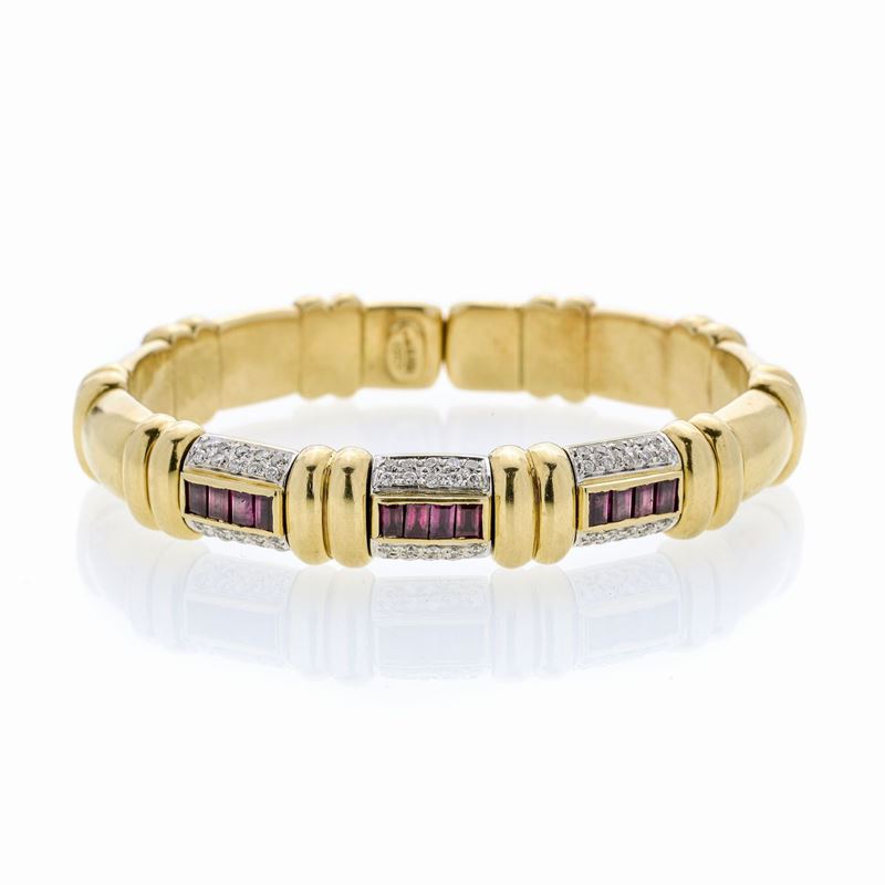 Bracciale Rigido in Oro Giallo, Oro Bianco, Diamanti e Rubini
