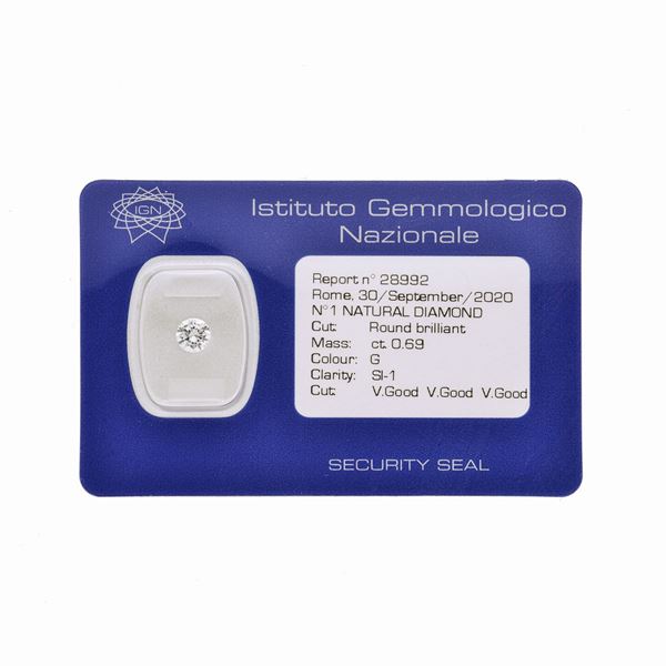 Diamante taglio brillante ct 0.69, colore G, purezza SI1  - Asta Asta di Gioielli Antichi, Moderni e Orologi - Curio - Casa d'aste in Firenze