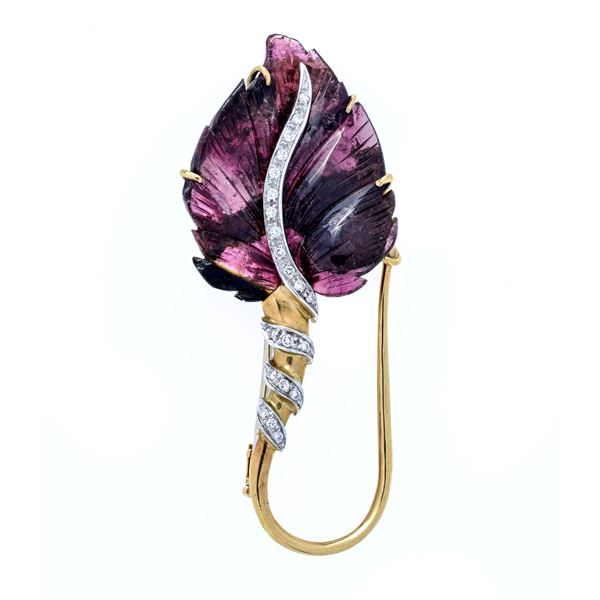 Pendant brooch in tourmaline, yellow gold, white gold and diamonds