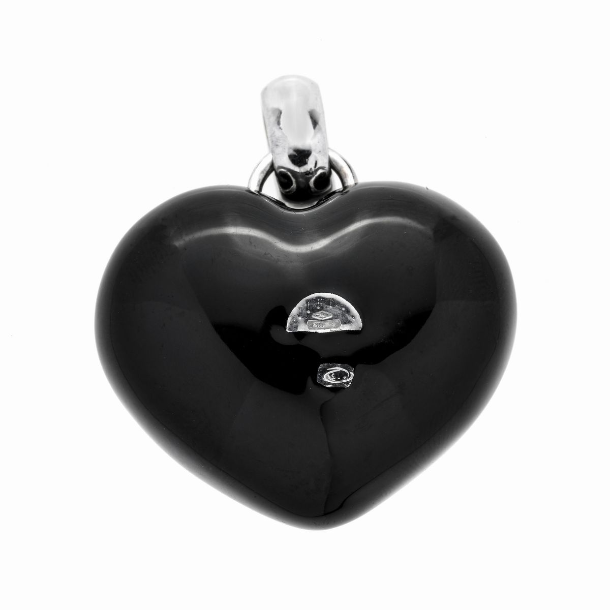 Pendente Cuore in Oro Bianco, Smalto Nero, Madreperla e Diamanti