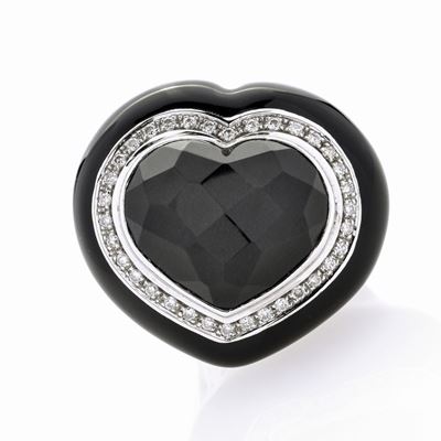 Anello in Oro Bianco, Smalto Nero, Onice e Diamanti